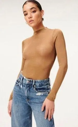 Pale Gold Sheer Mock Neck Bodysuit thumbnail 1
