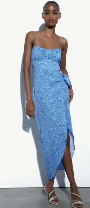 Zara Blue Sleeveless Corset Bustier Knot Slit Cami Tank Sheath Midi Dress Size M thumbnail 1