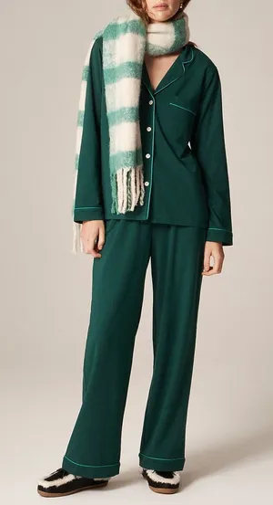 J.Crew Pajama Set cotton contrast trim womens Green (medium) loungewear sleep thumbnail 1