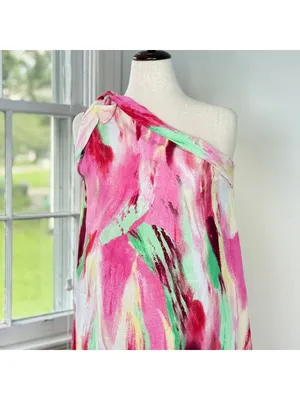 One Shoulder Pink Mini Shift Dress Emery Rose Medium Sleeveless Knee Length Cute thumbnail 3