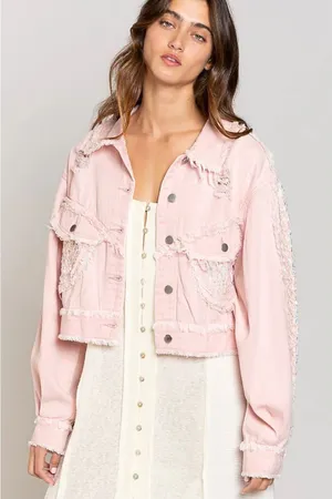 POL Pink Blush Denim Jacket with Sequin Lace Sleeves & Raw Hem - Sz L thumbnail 1