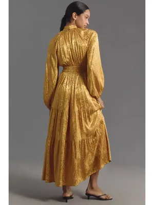 NWT by Anthropologie The Somerset Maxi in Yellow Satin Mock-Neck Edition Dress M thumbnail 3
