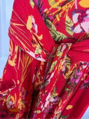 Free People Red Floral Wide Leg Pants Size M Boho High Rise Rayon thumbnail 7