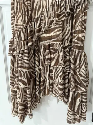 Sinsay Beige Zebra-Print Tiered Ruffle Asymmetrical Midi Lined Skirt Size XL thumbnail 8