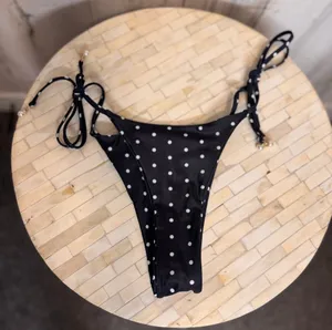 SheIn Polka Dot Side Tie Cheeky Bikini Bottoms Womens XS Black White Faux Pearl Charms thumbnail 1