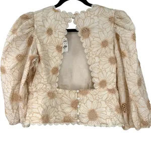 NWT Express M Embroidered Eyelet Open Back Top puff sleeve Blouse Lace Feminine thumbnail 5