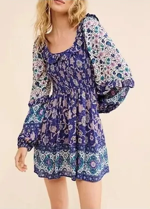 Spell Clairvoyant Mini Dress Blue Floral Paisley Smocked Boho Medium thumbnail 1