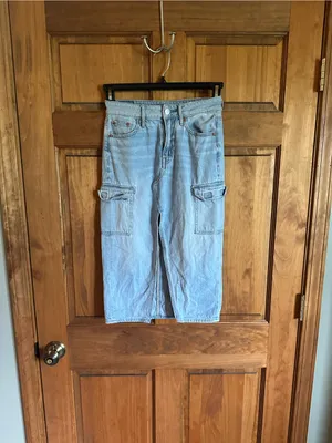 American Eagle Outfitters Light Wash Denim Midi Skirt with Front Slit thumbnail 3