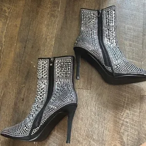 Jolimall Black Rhinestone‎ Mirror Studded Pointed Toe Stiletto Ankle Boots 8 thumbnail 4
