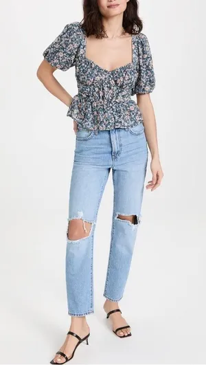 NWOT ASTR the Label Clairemont Top in Blue Peach Multi Floral thumbnail 3