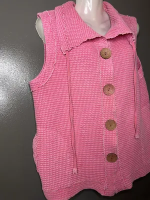 Focus Vest Womens Large Pink Cotton Knit Button Front Pockets Ruffle Collared thumbnail 3