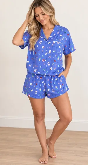 Way to Celebrate Summer Pajama Set XL 16-18 Blue Beach Print Short Sleeve Shorts thumbnail 1