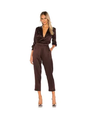 Amanda Uprichard Felix Long-Sleeve Satin Jumpsuit in Cocoa Brown Size Medium thumbnail 2