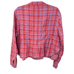 Natural Life Pink Purple Plaid Pintuck Blouse Gold Metallic Cotton Top Medium thumbnail 4