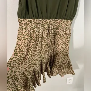Olive Green Leopard Print Ruffle Hem Mini Dress Empire Waist Large thumbnail 4