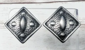 Vintage Clip On Earrings - Dark Silver Tone Diamond Shape with Design thumbnail 1