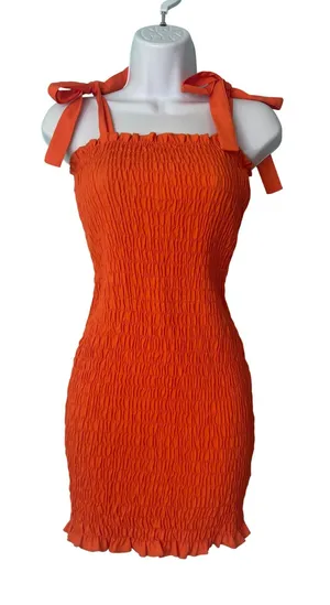 Chic‎ Me Orange Smocked Tie Shoulder Mini Dress Small Festival Beach Vacation thumbnail 1
