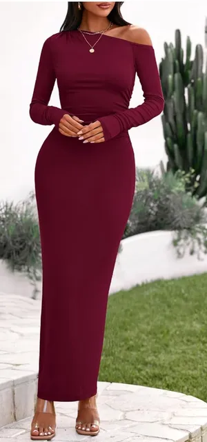 Asymmetrical Off-Shoulder Maxi Dress in Wine thumbnail 1