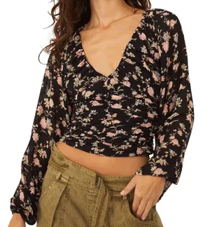 NWT Free‎ People New Final Rose Floral Ruched Cropped Blouse Top Black Sz Medium thumbnail 1