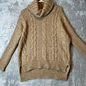 Cozy Chunky Knit Turtleneck Sweater Cable Knit, Slouchy‎ Fit Brown Alpaca Wool S thumbnail 2