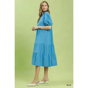 Umgee Solid Tiered Midi‎ Dress - Blue - Medium thumbnail 2