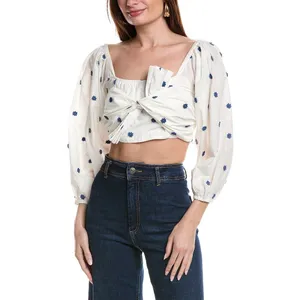 Farm Rio Blue Flowers‎ Crop Top Large White Floral Embroidered Tie Front Beachy thumbnail 13