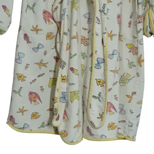 Vintage Prima Donna Cotton Robe Small Fish Starfish Print Yellow Trim Beach 90s thumbnail 5