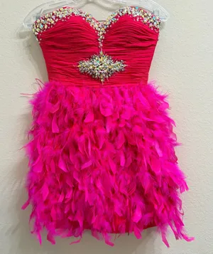 Mac Duggal Hot Pink Feather Mini Dress Beaded Sequin Strapless Prom Party Size 0 thumbnail 1