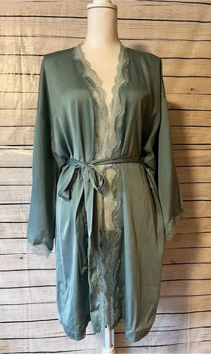 Victoria's Secret Satin Lace Trim Robe Sea-Foam Green Kimono Wrap Size M/L thumbnail 1