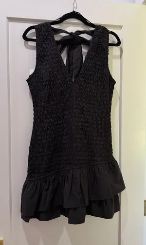 NWT ZARA little Black Smocked V-Neck Ruffle-Hem Women's mini dress thumbnail 1