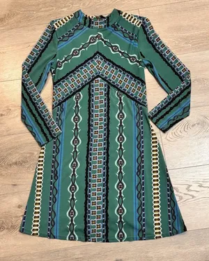 Free People Dress XS Green Stella Printed Mock Neck Long Sleeve‎ Boho Mini thumbnail 1
