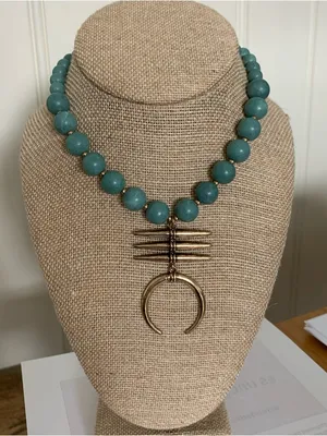 Blue Green Beaded Crescent Necklace Adjustable 15 thumbnail 1