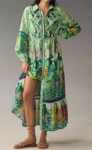 By Anthropologie Long-Sleeve Printed Maxi Shirt Dress in Green thumbnail 1