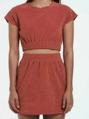 Soieil Terry Cloth Crop Top Mini Skirt Matching Set Rust Orange Y2K Vacation thumbnail 2