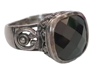VTG 925 Sterling Silver Faceted Onyx Scroll Filigree Ring Size 6.75 Wide Band thumbnail 7