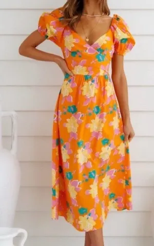 Petal & Pup Orange Floral Puff-Sleeve Maxi Dress thumbnail 1