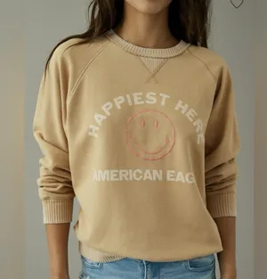 American Eagle Funday Graphic Happiest Here Smiley Tan Sweatshirt - size XL thumbnail 11