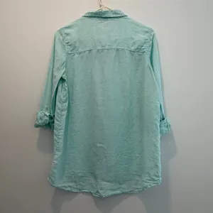 C&C California Women's Small 100% Linen Button Up Shirt Aqua Roll Tab Sleeve thumbnail 6