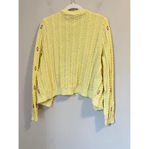 MANGO Flowers Knit Cardigan in yellow with tiny embroidered pink flowers sz. XL thumbnail 3