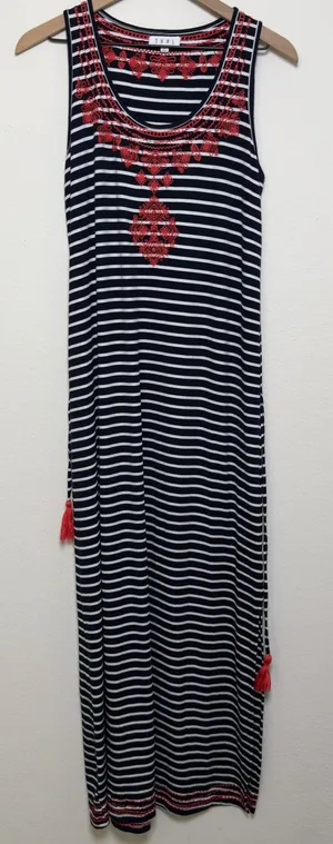 THML‎ Women Maxi Dress Medium Blue White Striped Red Embroidered Boho Resort thumbnail 1