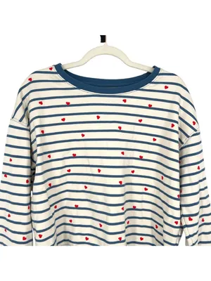 Pact Scattered Hearts Striped Sweatshirt Organic Cotton Blue Cream Size Medium thumbnail 2