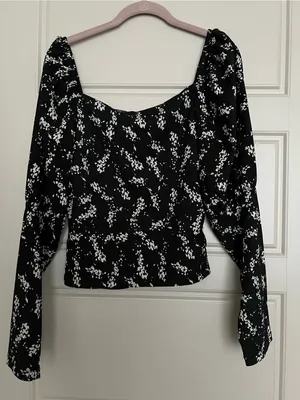 Anthropologie sweetheart neck blouse puff sleeves black floral print L thumbnail 3