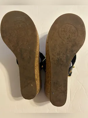 Tory Burch Black Leather Studded Thong Sandals with Gold Emblem thumbnail 5