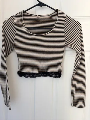 Striped Black and Cream Lace-Trim Long Sleeve Crop Top thumbnail 1