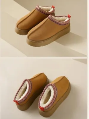 Women’s Size 40 Platform Slippers Suede Fluffy Soft Lined Brown Embroidered Trim thumbnail 2