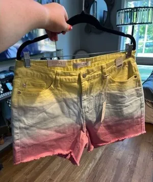 Judy Blue Large Cut Off Denim Shorts Dip Dye Ombre Yellow Blue Pink Frayed NWT thumbnail 1
