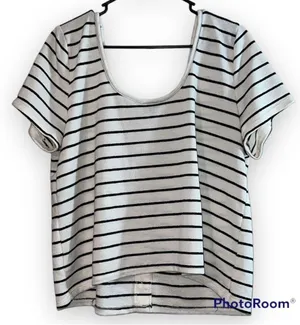 TORRID size 1 striped black off white striped button down front short sleeve top thumbnail 7