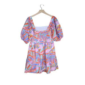 Briton Court Womens XS Colorful Leaf Puff Sleeve Mini Lined Dress thumbnail 2