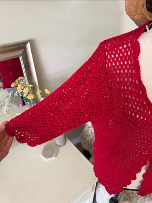Norm Thompson red linen cotton, crochet knit, 3/4 sleeve sweater cardigan XL thumbnail 2