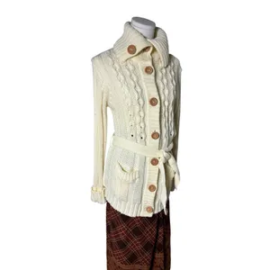 Vintage Belted Cable Knit Portrait Collar Cardigan Cream Korea M Medium thumbnail 2